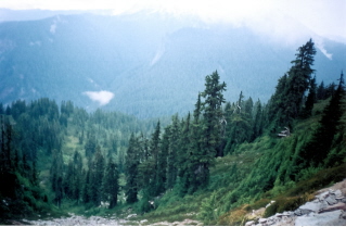 Looking down from ridge leading to Elfin Lakes 2003-08.